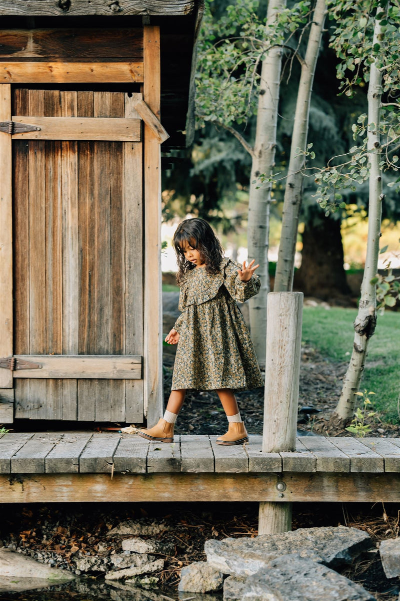 Venetian Floral Long Sleeve Ruffle Cotton Dress