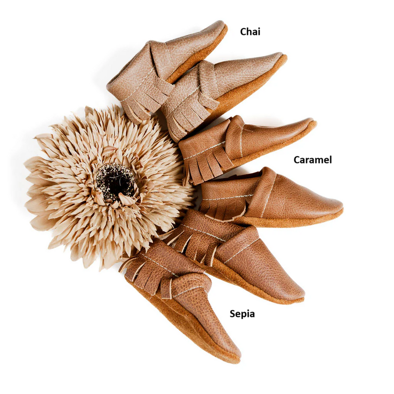 Leather Baby & Toddler Fringe Moccasins - Chai, Caramel, Sepia