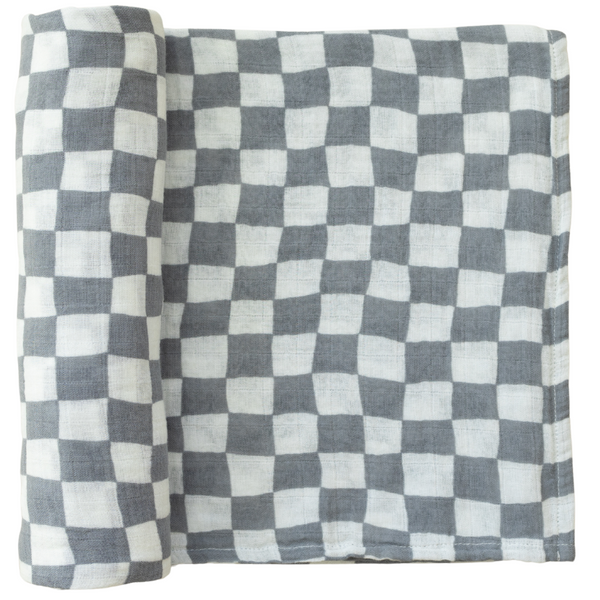 Dusty Blue Wavy Checkered Muslin Swaddle Blanket