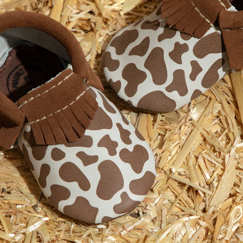 Suede Cow Print Moccasin Baby Shoe